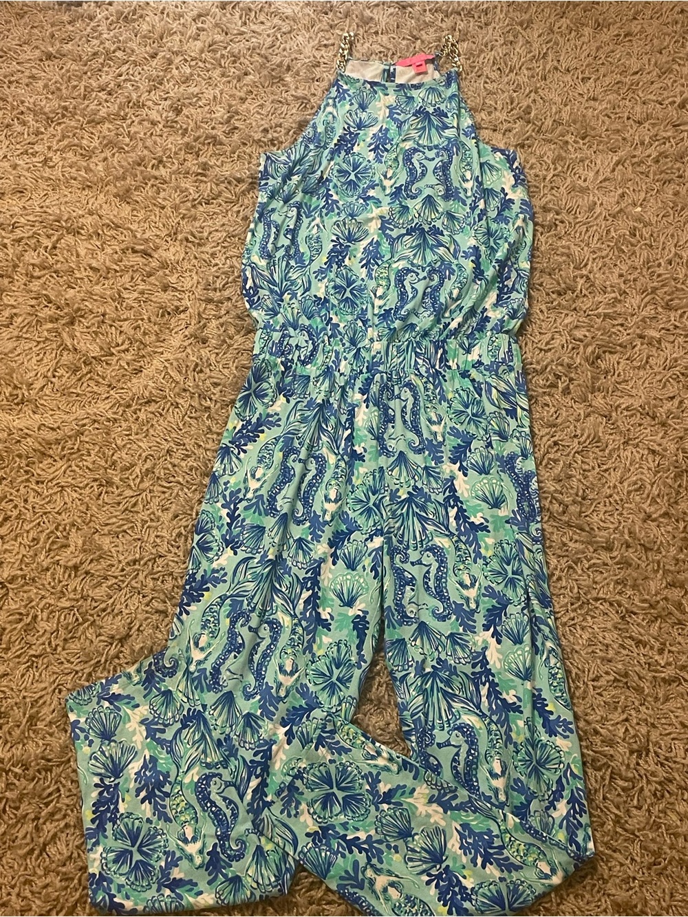 Lilly Pulitzer Aqua Seahorse Halter Jumpsuit